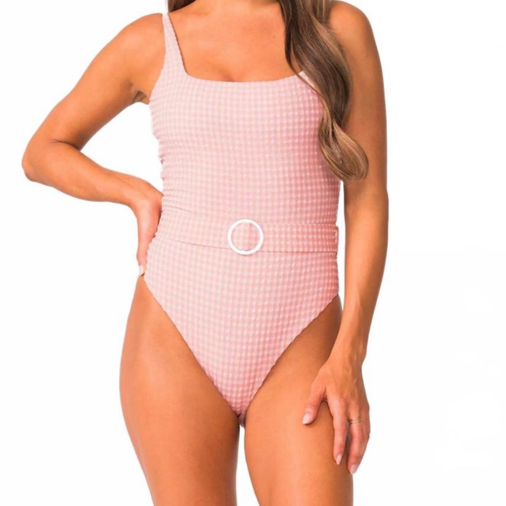 PQ Ballet Lucia Belted Pink Gingham One-Piece Swimsuit Large